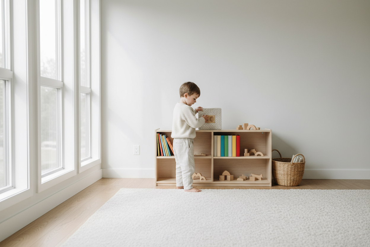 Child selecting book from Montessori shelf