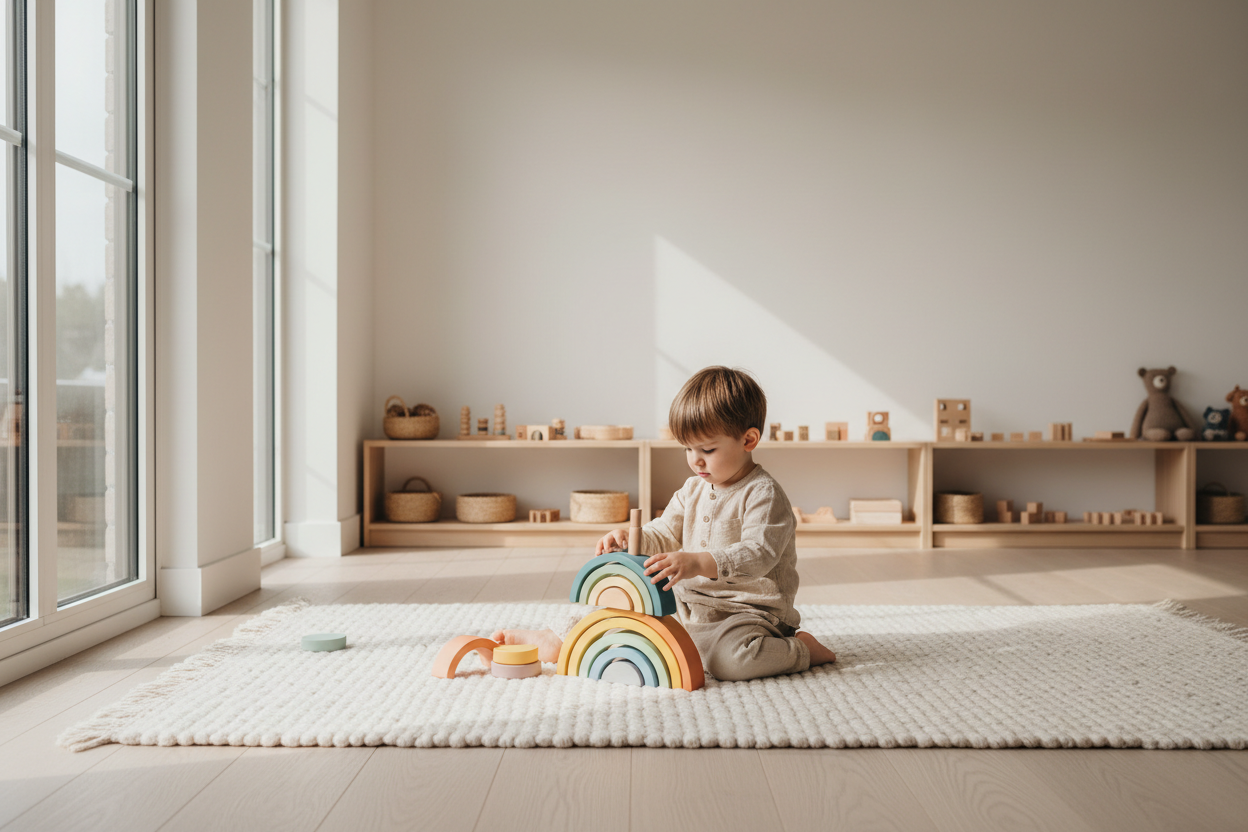 Enfant jouant avec arc-en-ciel en bois Montessori