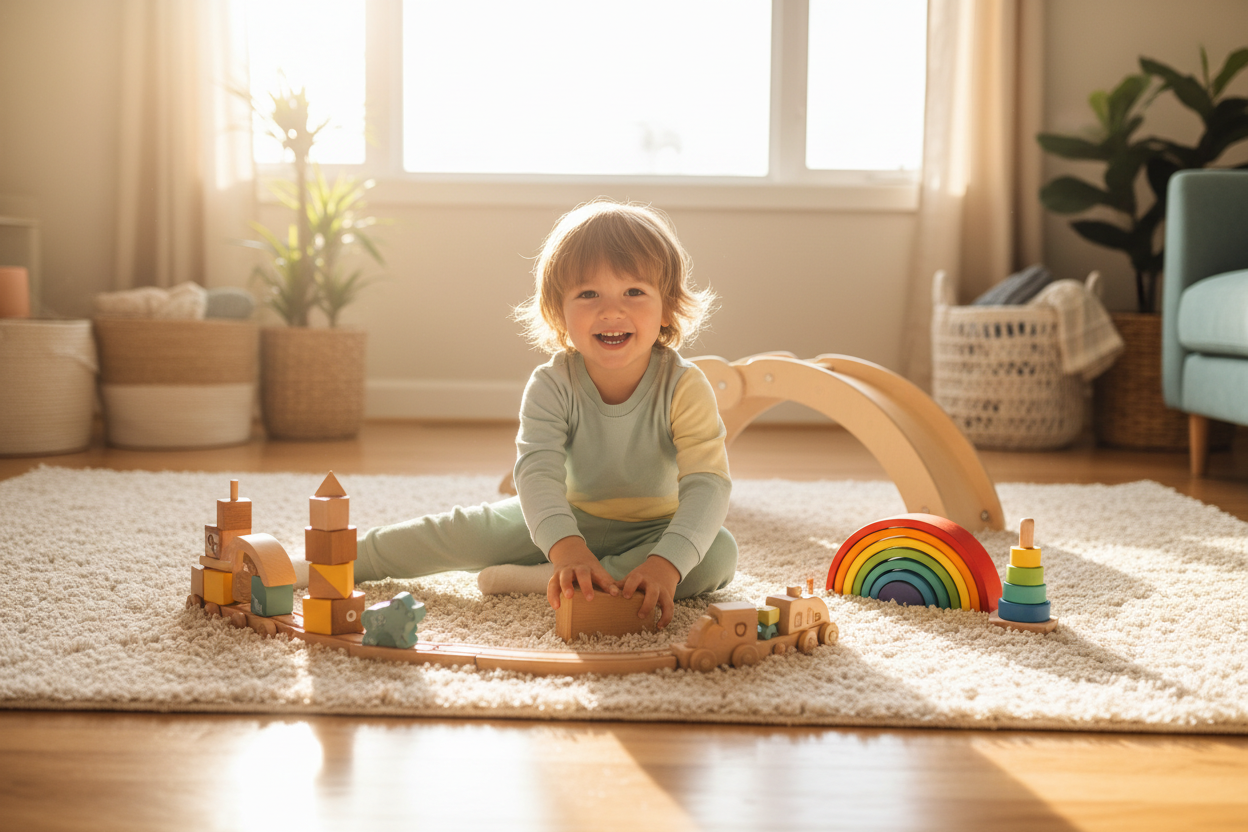 Enfant jouant avec des jouets en bois écologiques