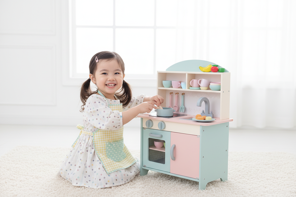 Fille jouant avec sa cuisine