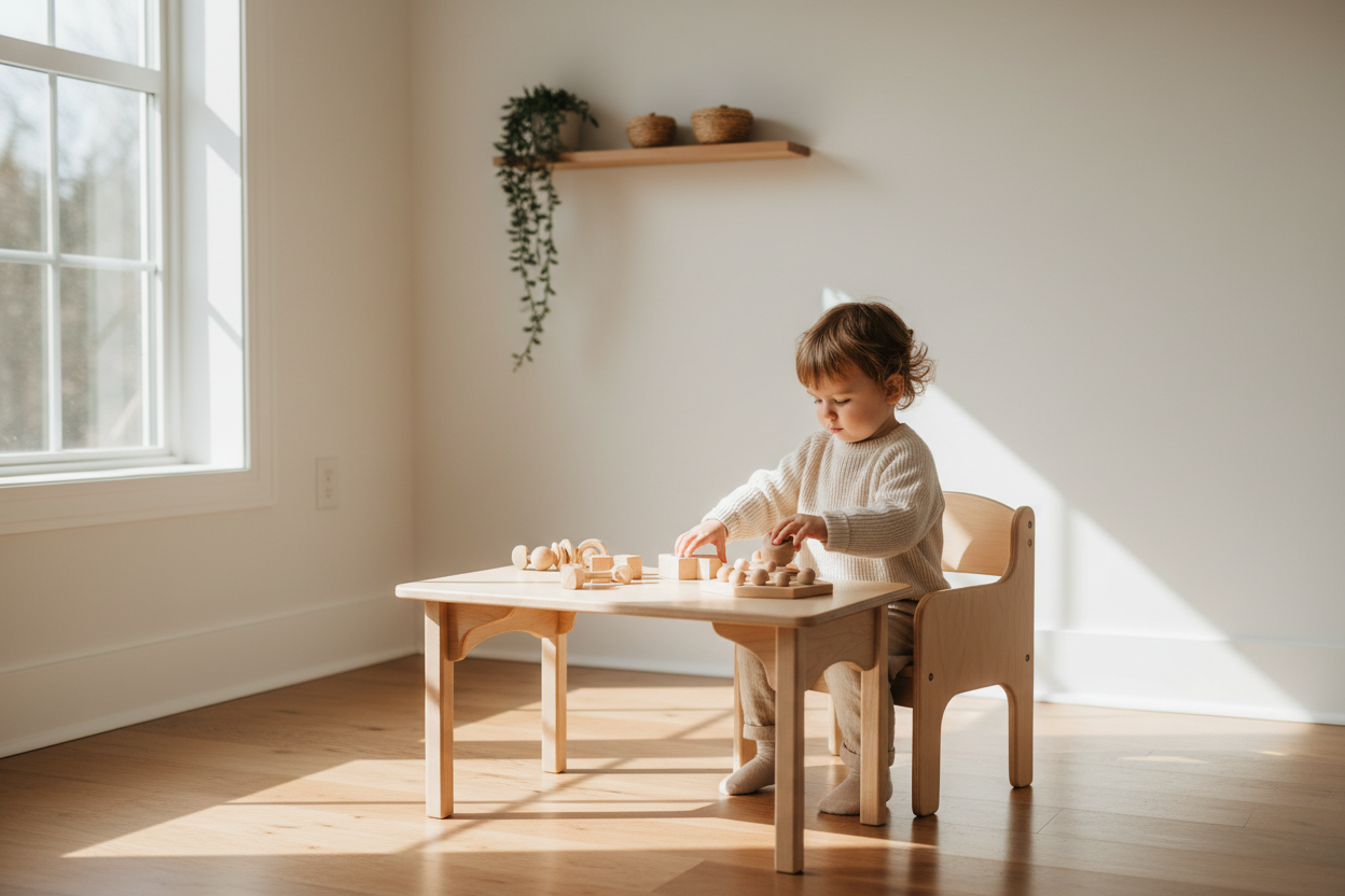 Toddler at wooden chair with sensory toys